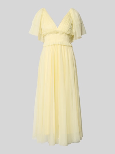 Produktfoto, hellgelbes Midikleid mit Smok-Details und V-Ausschnitt, Chiffon, A-Linie, Schmetterlingsärmel, LACE & BEADS