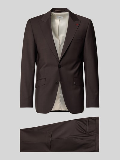 Produktfoto, Straight Fit Anzugjacke mit Reverskragen von Roy Robson in dunklem Braun, Elastischer-Material-Mix, 2-Knopfleiste, Pattentaschen, Anzug-Stoff:, glatte Textur, Bundweite 109 cm, Rückenlänge 74 cm, Schulterbreite 46 cm, Ärmellänge 67 cm, Innenbeinlänge 87 cm, Größe 50