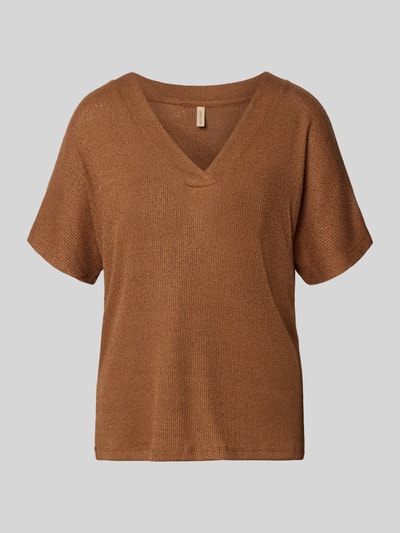 Produktfoto, Strickshirt mit V-Ausschnitt Modell 'Delia' von Soyaconcept, mieszanka wiskozy z dodatkiem streczu, krój relaxed fit, długość tyłu w rozmiarze S: 60 cm, kolor brązowy, struktura dzianiny