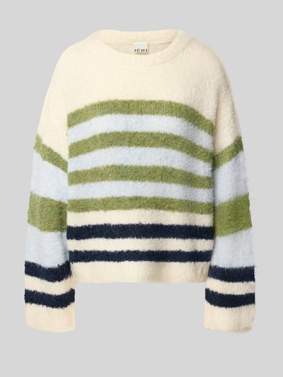 Productfoto, Strickpullover mit Rundhalsausschnitt Modell 'BOSELE' van ICHI, katoenmix, loose fit, damespullover met strepen in groen, lichtblauw, donkerblauw en crème