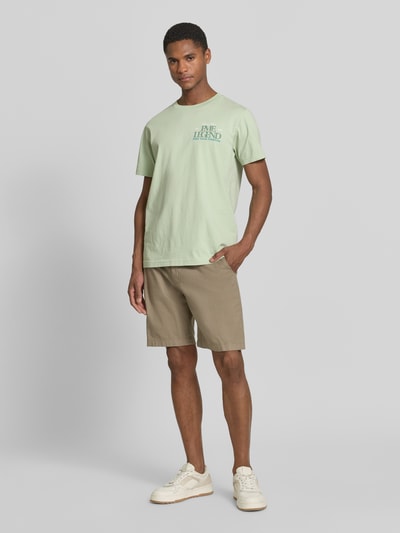 Männermodel trägt T-Shirt mit Label-Print und Rundhalsausschnitt von PME Legend, reine Baumwolle, Regular Fit, hellgrün, Ganzkörperansicht von vorne.