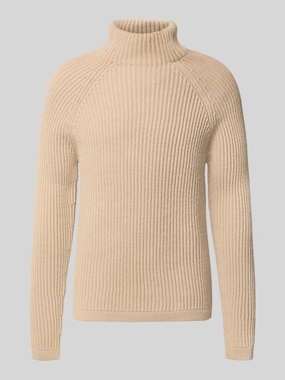 Produktfoto, beigefarbener Regular Fit Strickpullover mit elastischen Abschlüssen von DRYKORN, Rollkragen, Woll-Mix, strukturierte Oberfläche