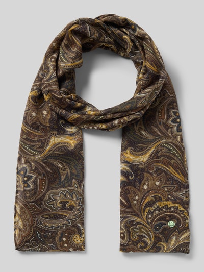 Produktfoto, Schal in rechteckiger Form von Codello, Allover-Paisley-Print in Braun- und Gelbtönen, gewebte Optik, Label-Applikation.