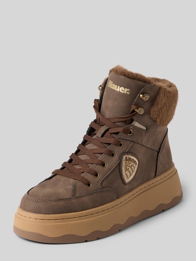Produktfoto, High Top Sneaker mit Strasssteinbesatz von Blauer USA in Braun, goldene Details, strukturierte Plateausohle, Kunstfellbesatz