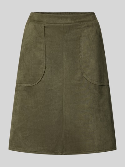 Produktfoto, Minirock in Leder-Optik Modell 'Ha44rperr' von ZABAIONE, olivgrün, A-Linie, glatte Textur, Eingrifftaschen, Material-Mix, knielang