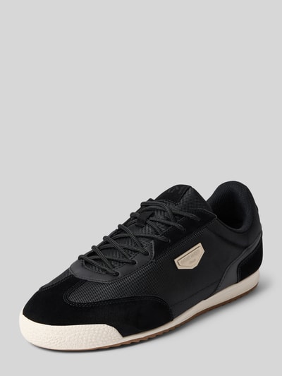 Produktfoto, sneakersy Sneaker mit Brand-Applikation Modell 'WALSH' von Antony Morato w kolorze czarnym z kremową fakturowaną podeszwą, zaokrąglony kształt, wiązanie, aplikacja z marką, fakturowana podeszwa; wysokość obcasa w rozmiarze 44: 2 cm, wysokość cholewki: 9 cm, szerokość w rozmiarze 44: 7 cm