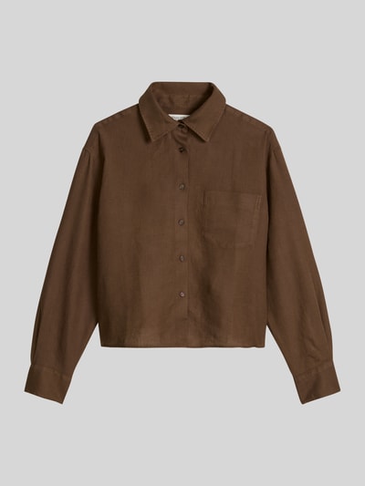 Produktfoto, Relaxed Fit Hemdbluse aus reinem Leinen von Marc O'Polo in Braun, Optik: Unifarben, Passform: Relaxed-Fit, Hemdblusenkragen, V-Ausschnitt, Verschluss: Knopfleiste, Ärmelform: Langarm, Ärmelabschluss: Manschette, Rumpfabschluss: Abgerundet, Brusttasche, Material: Leinen