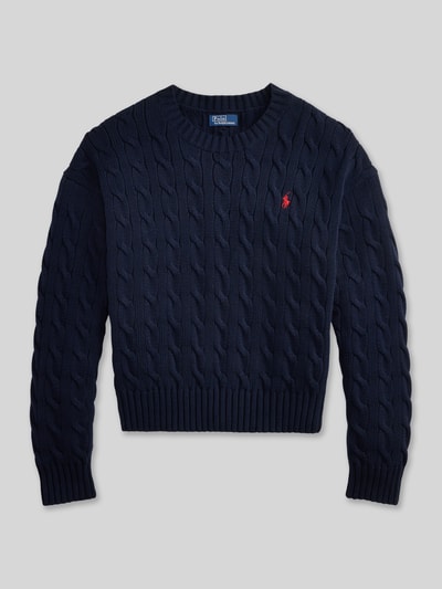 Produktfoto, Regular Fit Strickpullover aus reiner Baumwolle od Polo Ralph Lauren, granatowy, splot warkoczowy, logo, krój regular fit, okrągły dekolt, długie rękawy, ściągacze, 100% bawełna, gładka faktura