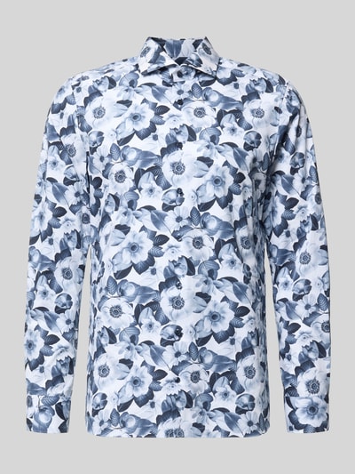 Produktfoto, Slim Fit Business-Hemd mit Kentkragen und floralem Muster von OLYMP Level Five, blaue Blumen, reine Baumwolle, weiße Basis