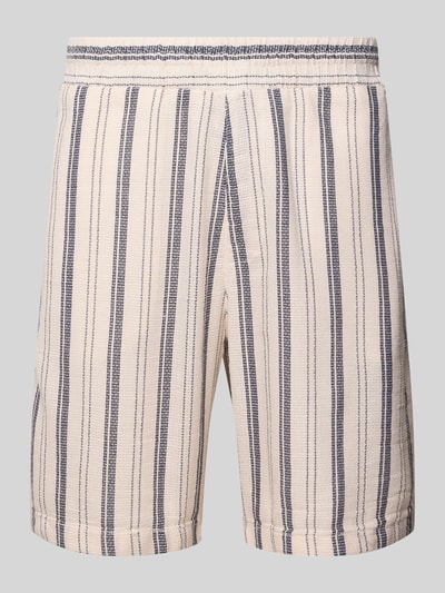 Produktfoto, Shorts mit elastischem Bund und Logo-Detail von REVIEW aus Baumwoll-Mix, Regular-Fit, creme mit dunkelblauen Streifen