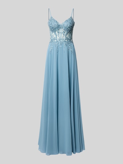 Produktfoto, Maxikleid mit Stitchings und Ziersteinbesatz von Luxuar aus blauem Chiffon, taillierter Schnitt, feine Textur, schimmernde Details