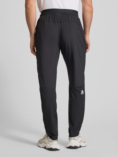 Männermodel trägt Trainingshose mit elastischem Bund und Logo von The North Face, Schwarz, Material-Mix mit Stretch-Anteil, Regular-Fit, Ganzkörperansicht Rückansicht.