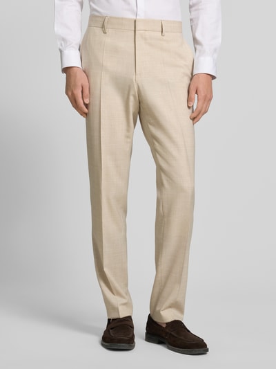 Mannenmodel draagt Regular Fit Anzughose mit Woll-Anteil Modell 'LENNON' van BOSS in melange look, twillstructuur, voorkant volledig, close-up.