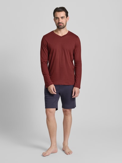 Schiesser Longsleeve mit geripptem V-Ausschnitt Bordeaux 1