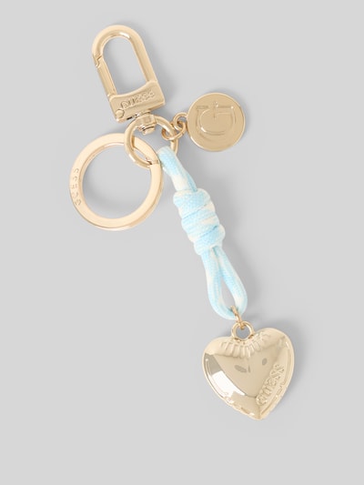 Productfoto, dames sleutelhanger met logo-detail van guess, gouden karabijnhaak, motiefdetail, sleutelring, glanzend oppervlak