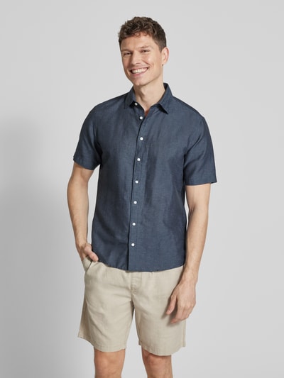 Jake*s Slim Fit Freizeithemd aus Leinen-Mix Jeansblau 4
