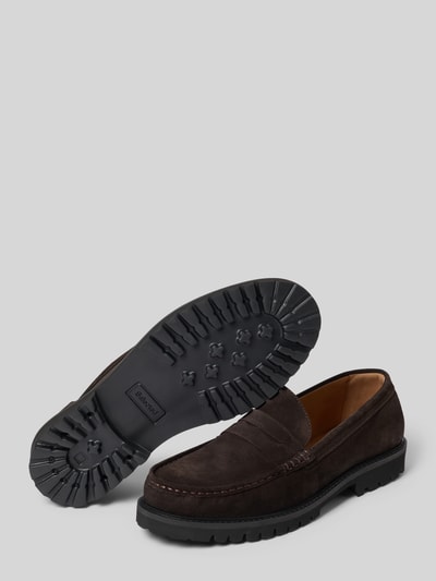 Produktfoto, Loafer aus echtem Leder Modell 'HUGO' von Selected in Dunkelbraun mit ausgeprägter Profilsohle, glatter und strukturierter Oberfläche