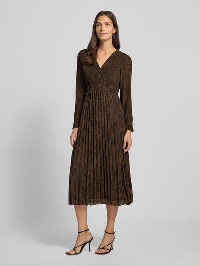 Jake*s Collection Midi-jurk met plissévouwen en V-hals Donkerbruin - 1