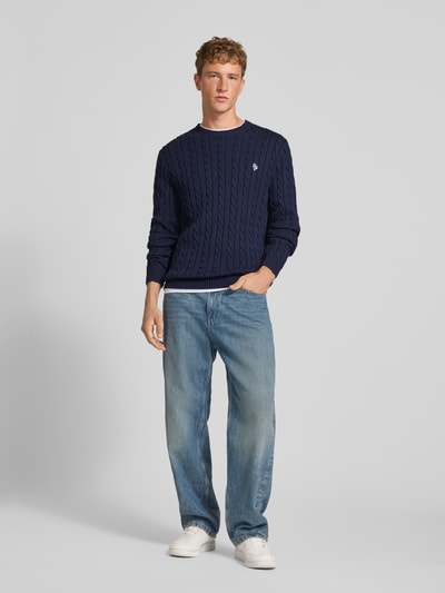 REVIEW Slim Fit Strickpullover aus reiner Baumwolle mit Zopfmuster Marine 1