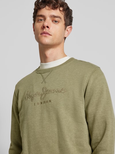 Pepe Jeans Sweatshirt met labelstitching, model 'Nouvel' Olijfgroen - 3