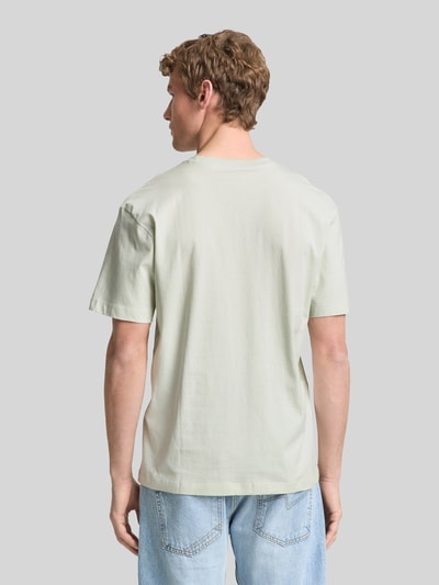 Männermodel trägt Relaxed Fit T-Shirt aus reiner Baumwolle von Tom Tailor Denim, Optik: Unifarben, Passform: Relaxed-Fit, Ganzkörperansicht Rückansicht
