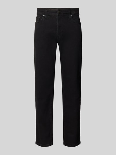 Produktfoto, Straight Fit Jeans aus elastischem Baumwoll-Mix von JACK & JONES, czarne, proste nogawki, 5 kieszeni, szlufki na pasek, zapięcie na guzik i zamek błyskawiczny, Szerokość w rozmiarze 32/32: 41 cm, Długość wewnętrzna nogawki: 76 cm, mieszanka bawełny, JACK & JONES