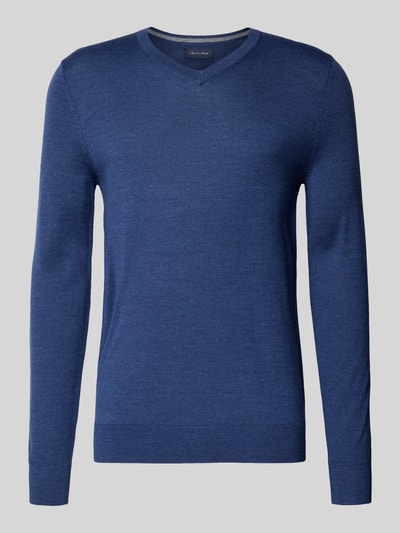 Christian Berg Men Sweter z dzianiny z mieszanki wełny merino z dekoltem w serek Jeansowy niebieski melanż 2