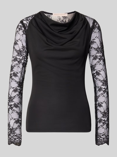Produktfoto, Slim Fit Longsleeve mit obszyciem koronką od Rinascimento, czarny, półprzezroczysty materiał, lejący kołnierz, Długość tyłu w rozmiarze S: 60 cm