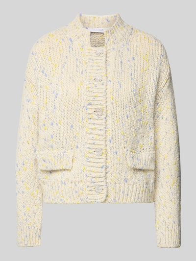 Produktfoto, Strickjacke mit Knopfleiste von Rich & Royal im Schurwoll-Mix mit gelben und blauen Punkten, lockerer Schnitt, gerippte Abschlüsse, Stehkragen, Pattentaschen.