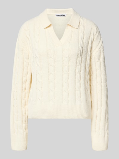 Review Gebreide pullover met V-hals en platte kraag Offwhite - 2