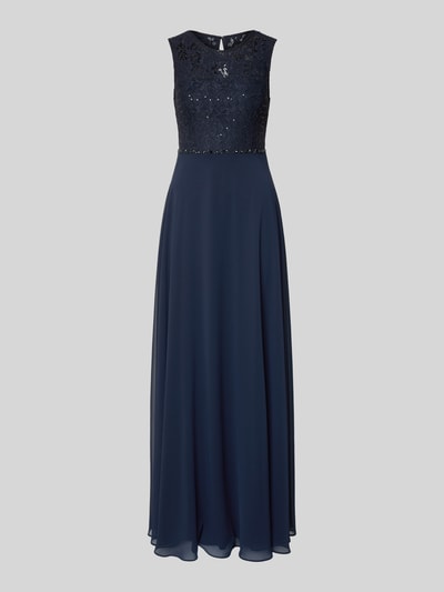Produktfoto, Regular Fit Abendkleid mit floralem Spitzenbesatz von Jake*s Cocktail in Dunkelblau, pailettenverzierter, semitransparenter Spitzenbesatz, ärmellos, elastischer Material-Mix, Rundhalsausschnitt, Blickdichter Unterrock.