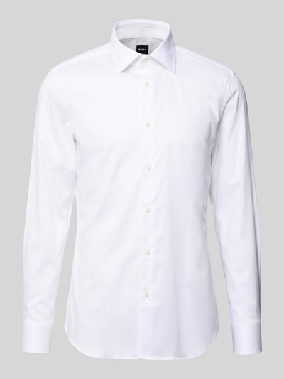 Produktfoto, Slim Fit Businesshemd aus Baumwoll-Mix Modell 'HANK' von BOSS in Unifarben, Struktur, Kentkragen, durchgehende Knopfleiste, Langarm, Rumpfabschluss leicht abgerundet, bügelleicht, 1-Knopf-Manschette, Material Baumwoll-Mix