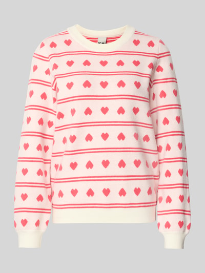 Produktfoto, Relaxed Fit Pullover mit Allover-Motiv-Stitching Modell 'Brielle' von ICHI in rosa-weiß mit Herz-Muster, Strick-Optik, elastische Abschlüsse, Rundhalsausschnitt, Damen Pullover