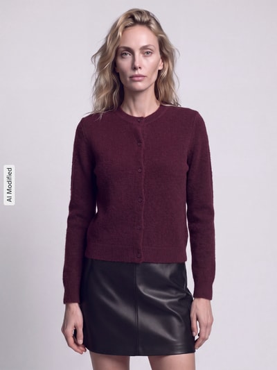 Frauenmodel trägt Regular Fit Strickjacke mit Woll-Anteil Modell 'MALOU' von PIECES in Dunkelrot, glatter Stoff, Ganzkörperansicht von vorne, KI-modifiziertes Bild.