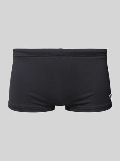 Produktfoto, Badehose mit Label-Patch von Emporio Armani, schwarz, glatte Stretch-Textur, trunk fit, elastischer Bund, Rückansicht