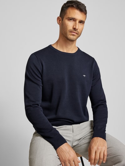 Fynch-Hatton Gebreide pullover met labelstitching, model 'Superfine' Marineblauw - 3