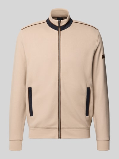 Produktfoto, Sweatjacke mit Stehkragen und Reißverschluss von bugatti, beige mit dunklen Details, Baumwoll-Mix, Regular Fit, Eingrifftaschen