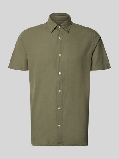 Produktfoto, Regular Fit Freizeithemd aus Baumwoll-Leinen-Mix von Jack & Jones in Olivgrün, Kentkragen, Knopfleiste, glatte Textur
