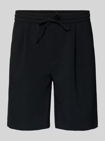 Produktfoto, Loose Fit Shorts mit elastischem Bund Modell 'WILL' von Only & Sons, Optik: Unifarben, Passform: Loose-Fit, Bundfalte, Bundabschluss: Elastisch mit Tunnelzug, Eingrifftaschen und Gesäßtasche, schwarze Farbe, glatte Textur.