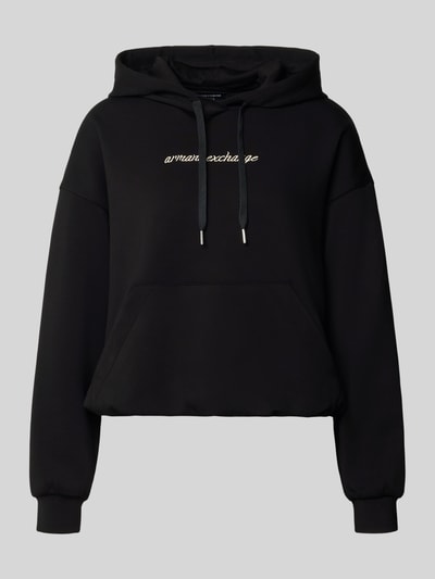 Produktfoto, Relaxed Fit Hoodie mit Viskose-Anteil von Armani Exchange in Schwarz mit Logo-Stitching, Kapuze, Känguru-Tasche, elastische Abschlüsse, glatte Textur