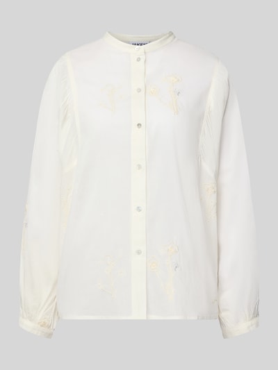 Produktfoto, cremefarbene Regular Fit Bluse mit Stehkragen und Stitchings von JAKE*S STUDIO WOMAN aus Baumwoll-Mix vor grauem Hintergrund