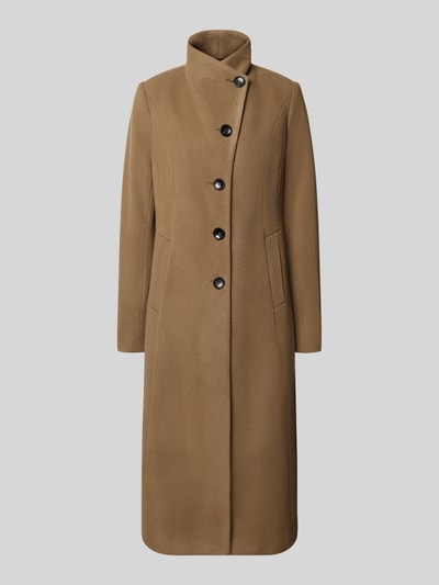 Produktfoto, camelbruine lange jas Regular Fit met opstaande kraag, knoopsluiting, steekzakken, Materiaalmix met scheerwol, Model 'NADA' van Milo Coats, Ruglengte maat 36: 118 cm, Schouderbreedte: 40 cm, Borstwijdte: 47 cm, Mouwlengte: 67 cm