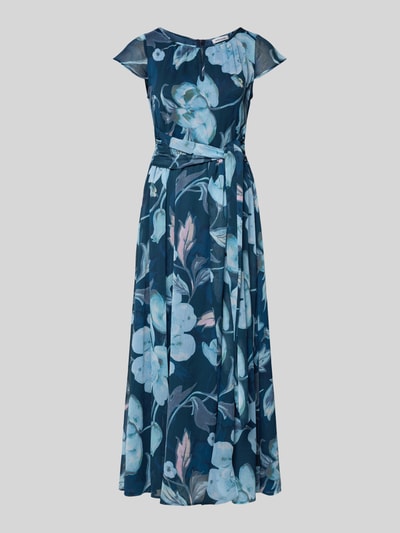 Produktfoto, Maxikleid mit Schlüsselloch-Ausschnitt und Bindegürtel von More & More, florales Muster in Blau, Taillierter Schnitt, Rundhalsausschnitt, Rückseite mit Reißverschluss, Rückenlänge 135 cm, Brustweite 48 cm, Ärmellänge 4 cm, fließender Stoff