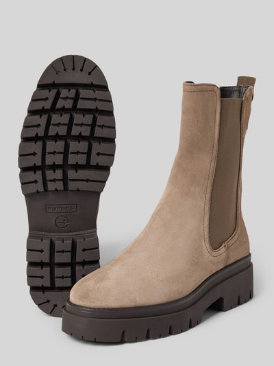 Produktfoto, beigefarbene Chelseas aus echtem Rindsleder von Tamaris mit grober brauner Profilsohle, Damen Chelseas von Tamaris
