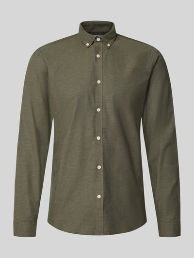 Produktfoto, koszula casualowa Regular Fit Freizeithemd aus Baumwoll-Mix Modell 'Oxford' von Lindbergh, zielony, mieszanka bawełny i elastanu, Kołnierzyk typu button down, mankiety zapinane na 1 guzik, zaokrąglony dół, długość tyłu w rozmiarze M: 77 cm, szerokość ramion w rozmiarze M: 44 cm, długość rękawów w rozmiarze M: 66 cm