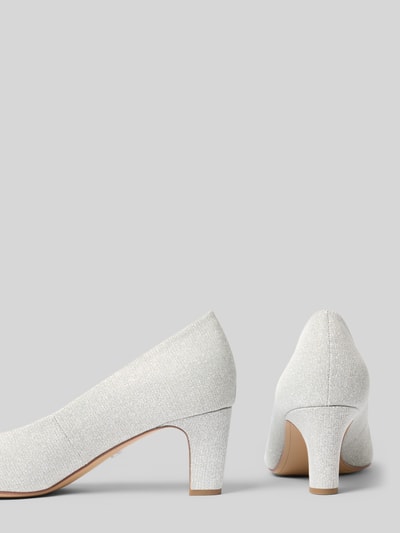 Produktfoto, Pumps mit Kegelabsatz von Tamaris in Optik: Glitzer-Optik, Schuhspitze: abgerundet, Absatzform: Kegelabsatz, Verschluss: Schlupf/offen, Sohle: fein strukturiert, helle Farbe, klare Linien, glatte und leicht funkelnde Textur.