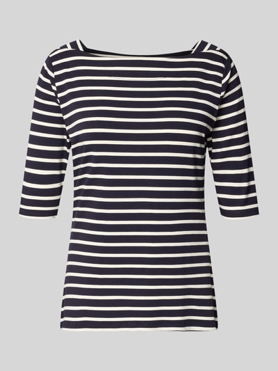 Produktfoto, T-Shirt mit U-Boot-Ausschnitt von Comma, Viskose-Mix mit Elasthan-Anteil, Streifenmuster in Marine und Weiß, 1/2 Arm, körpernaher Schnitt