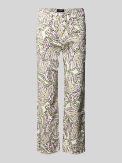 Produktfoto, Flared Fit Jeans mit Allover-Paisley-Print von Marc Cain in Creme mit grün-rosafarbenem Paisley-Muster, Baumwoll-Mix, 5-Pocket-Design, Knopf- und Reißverschluss, verkürzte Passform