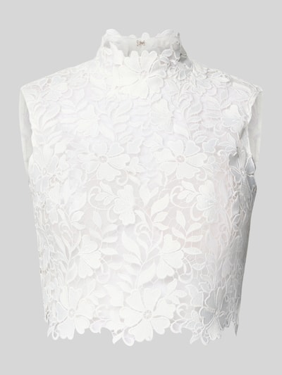 Produktfoto, Regular Fit Top in semitransparentem Design von Luxuar, weiß, Spitzen-Optik, Stehkragen, ärmellos, integrierte Pads, Rückenlänge 42 cm.