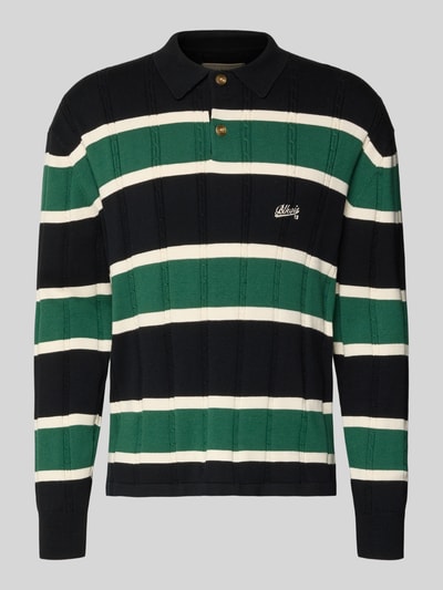 Produktfoto, Strickpullover mit Polokragen und Label-Stitching von BLKVIS, grün-schwarz-weiß, Zopfmuster, Knopfleiste, Reine Baumwolle, Regular-Fit